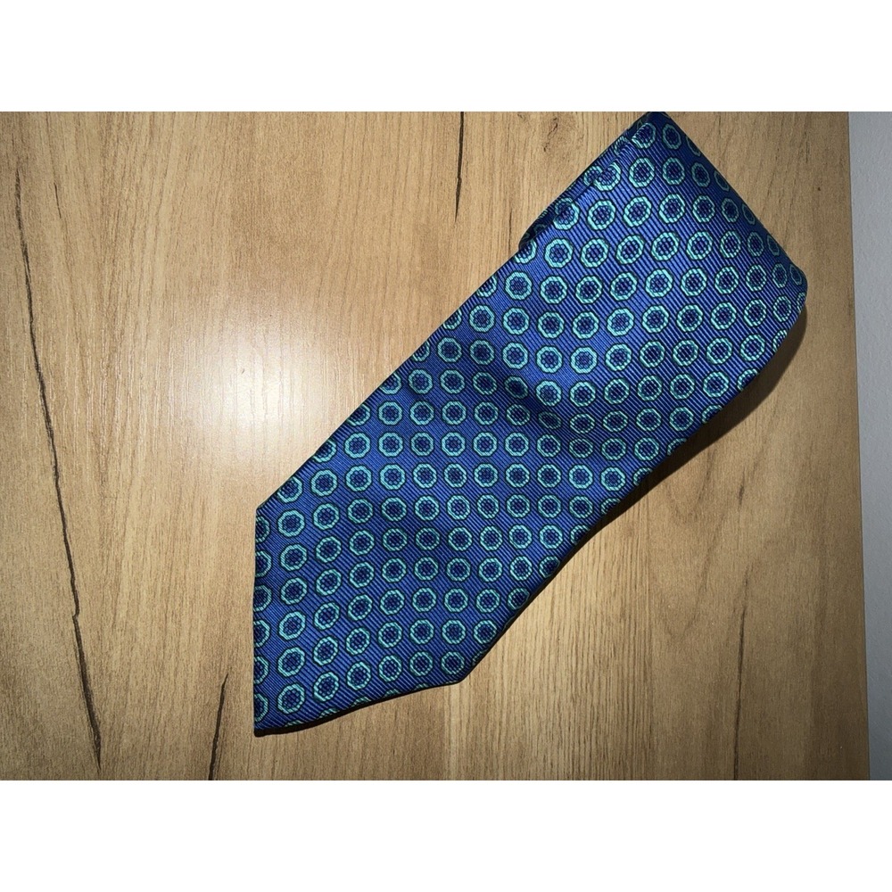 Brooks Brothers Mens Silk Tie Green‎ Blue Medallion Geometric Handmade USA. J